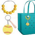 1Pc Baseball Wood Pendant Decorations, with 1Pc Acrylic & Wood with Iron Keychains, Baseball, Yellow, 85~105mm(FIND-BM0001-57A)