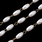 304 Stainless Steel & ABS Plastic Pearl Barrel Bead Cable Chains, Ion Plating(IP), Soldered, with Spool, Golden, 6x3.5mm(CHS-G048-06G)