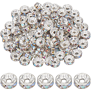 200Pcs Brass Rhinestone Spacer Beads, Grade A, Silver Color Plated, Rondelle, Clear AB, 8x3.5mm, Hole: 2mm(FIND-SC0007-06)