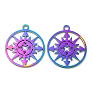 Ion Plating(IP) 304 Stainless Steel Pendants, Flat Round with Compass Charm, Rainbow Color, 27x24x1mm, Hole: 2.2mm(STAS-L020-009RC)