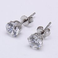 Cubic Zirconia Ear Studs, with 304 Stainless Steel Base, Flat Round, Stainless Steel Color, 6mm, Pin: 0.7mm(X-STAS-E051-3D)