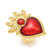 Rack Plating Brass Clear Cubic Zirconia Open Cuff Rings, Enamel Sacred Heart Ring for Women, Cadmium Free & Lead Free, Long-Lasting Plated, Real 18K Gold Plated, FireBrick, Adjustable, heart: 38x23mm(RJEW-S411-01G-08)