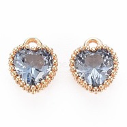Brass Micro Pave Cubic Zirconia Charms, Nickel Free, Real 18K Gold Plated, Faceted Heart, Light Blue, 8x6x3.5mm, Hole: 1mm(KK-S356-773A)