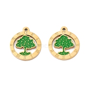 Vacuum Plating 304 Stainless Steel Enamel Pendants, Manual Polishing, Flat Round with Tree, Real 18K Gold Plated, 17x15x1mm, Hole: 1.2mm(STAS-P295-08G)