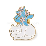 Cartoon Yoga Cat & Flower Enamel Pins, Golden Zinc Alloy Brooches for Women, White, 28x22x1.8mm(JEWB-E030-01G-01)