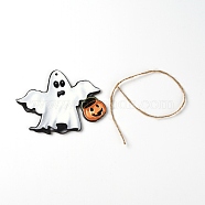 Wooden Hanging Decorations, with Hemp Cord, Halloween Theme, Ghost, White, 85x113x3.5mm, Hole: 3mm(HJEW-WH0028-11)