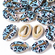 Printed Natural Cowrie Shell Beads, No Hole/Undrilled, with Leopard Print Pattern, Light Sky Blue, 18~21x12~15x7mm(SSHEL-R047-01-B05)