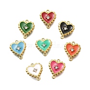 304 Stainless Steel Enamel Heart Connector Charms, with Crystal Rhinestone, Ion Plating(IP), Real 14K Gold Plated, Mixed Color, 12.5x10x3mm, Hole: 1mm(STAS-Q337-02G)