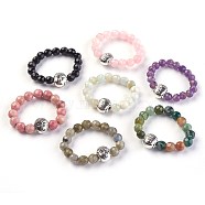 Natural Gemstone Stretch Rings, with Alloy Buddha Beads, Faceted, Round, Antique Silver, Size 8, 18mm(RJEW-JR00223)