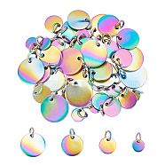 Unicraftale 40Pcs 4 Size Vacuum Plating 304 Stainless Steel Charms, with Jump Rings, Blank Stamping Tag, Flat Round, Rainbow Color, 10pcs/size(STAS-UN0020-47MC)