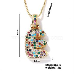 Brass Pave Colorful Cubic Zirconia Letter Pendant Box Chain Necklaces, Golden, Letter E, 15.75 inch(40cm)(NU0575-5)