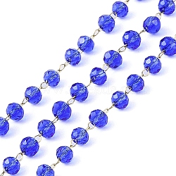 Ion Plating(IP) 304 Stainless Steel & Faceted Transparent Glass Handmade Beads Chain, with Spool, Soldered, Golden, Medium Blue, 2x1.8x0.2mm(CHS-H028-02G)