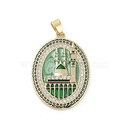 Rack Plating Brass Micro Pave Clear Cubic Zirconia Pendants, with Enamel, Long-Lasting Plated, Lead Free & Cadmium Free, Oval with Castle Charms, Light Green, 33x24x3.5mm, Hole: 3x6mm(KK-H474-24B-02G)
