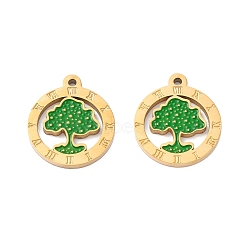 PVD Vacuum Plating 304 Stainless Steel Enamel Pendants, Manual Polishing, Flat Round with Tree, Real 18K Gold Plated, 17x15x1mm, Hole: 1.2mm(STAS-P295-08G)