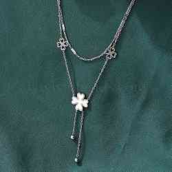 304 Stainless Steel Shell Pearl Clover Pendant Double Layered Necklaces for Women, White, Stainless Steel Color, 14.57 inch(37cm)(NJEW-U036-01P)