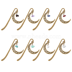 1 Set Tibetan Style Alloy Hook Bookmarks, Crescent Moon Pendant Bookmark, Dangle Gemstone & Glass Chip Charm Book Marker, Antique Bronze, 121mm, 8pcs/set(AJEW-FH0003-72A)