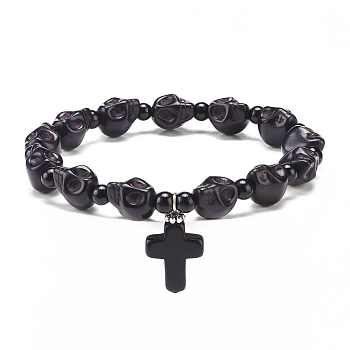 Natural Mashan Jade Skull Beaded Stretch Bracelet with Synthetic Turquoise(Dyed) Cross Charm, Gemstone Jewelry for Women, Black, Inner Diameter: 2-1/8 inch(5.5cm)