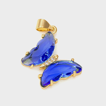 Glass Pendants, with Brass Clear Micro Pave Cubic Zirconia, Butterfly, Golden, Blue, 24x21x4mm, Hole: 5.5x3.5mm