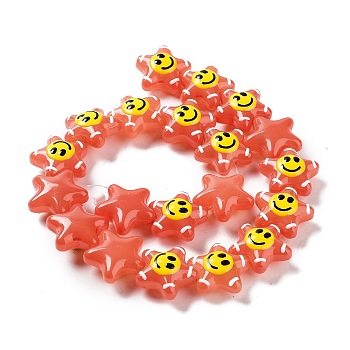 Glass Enamel Beads, Star with Smiling Face Pattern, Coral, 20.5x22x11mm, Hole: 1.6mm