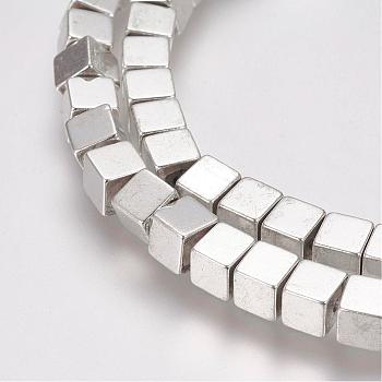 Non-Magnetic Synthetic Hematite Bead Strands, Cube, Silver Plated, 4x4x4mm, Hole: 1mm, about 94pcs/strand, 15.7 inch(40cm)