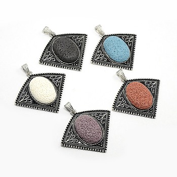 Fan Shaped Platinum Plated Alloy Lava Rock Stone Pendants, with Black Enamel, Mixed Color, 53x57x8mm, Hole: 6x4mm