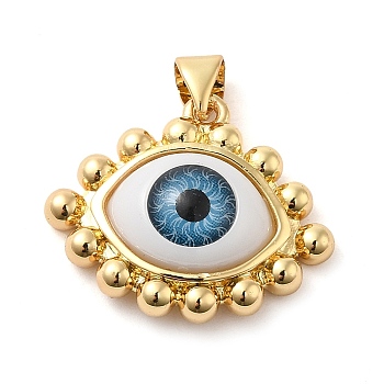 Real 18K Gold Plated Brass Pendants, with Acrylic, Evil Eye, Steel Blue, 19x23x7mm, Hole: 5x3.5mm