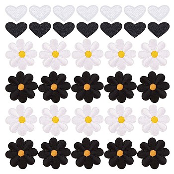 60Pcs 4 Style Sunflower & Love Heart Shape Computerized Embroidery Cloth Iron on/Sew on Patches, Costume Accessories, Appliques, Mixed Color, 20~40x26~40x1~1.5mm, 15pcs/style