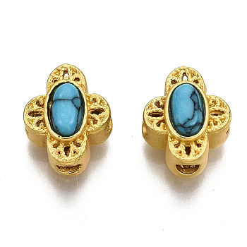 4-Hole Synthetic Turquoise Beads, Dyed, with Brass Findings, Hollow, Flower, Matte Gold Color, Sky Blue, 10x8x6mm, Hole: 2mm