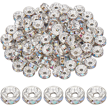 200Pcs Brass Rhinestone Spacer Beads, Grade A, Silver Color Plated, Rondelle, Clear AB, 8x3.5mm, Hole: 2mm