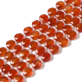 Natural Carnelian Bead Strands, Faceted Hexagon Cut Coin Beads, Flat Round, 10~10.5x10.5~11x5.5~6mm, Hole: 1mm, about 29pcs/strand, 14.76 inch(37.5cm)