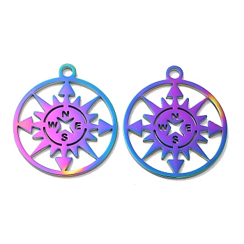 Ion Plating(IP) 304 Stainless Steel Pendants, Flat Round with Compass Charm, Rainbow Color, 27x24x1mm, Hole: 2.2mm