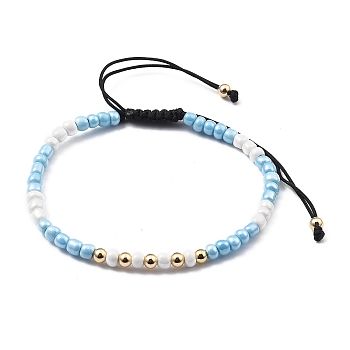 Adjustable Nylon Cord Braided Bead Bracelets, with Glass Seed Beads and Brass Beads, Light Cyan, Inner Diameter: 2-3/8~3-3/4 inch(5.9~9.4cm)