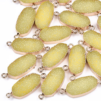 Electroplate Druzy Resin Links connectors, with Iron Findings, Oval, Light Gold, Light Khaki, 30~31x11.5~12x5mm, Hole: 1mm
