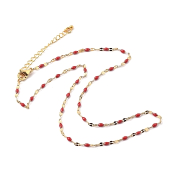 304 Stainless Steel Link Chain Necklaces, with Enamel and Lobster Claw Clasps, Golden, Red, 15.75 inch(40cm)