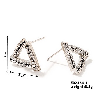 Elegant Hollow Triangle Diamond Stud Earrings for Women Trendy Fashion, Platinum, 16x17mm