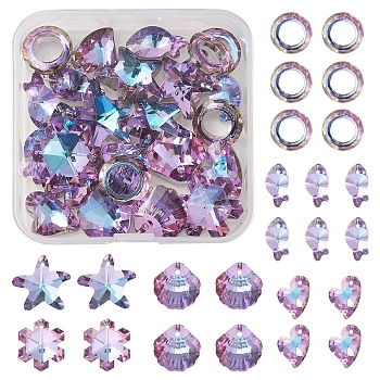 26Pcs 7 Style Electroplate Glass Pendants, Back Plated, Faceted, Star & Starfish & Snowflake & Shell & Heart & Ring Charms, Plum, 14~20x9~20x6~9.5mm, Hole: 1.2~1.4mm