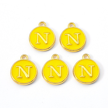 Golden Plated Alloy Enamel Charms, Enamelled Sequins, Flat Round with Letter, Gold, Letter.N, 14x12x2mm, Hole: 1.5mm