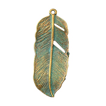 Tibetan Style Alloy Pendants, Feather, Antique Bronze & Green Patina, 44x17x2mm, Hole: 1.5mm