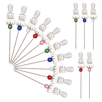 50Pcs 5 Colors Iron Head Pins, Dressmaking Pin for DIY Sewing Crafts, with Acrylic Imitation Pearl & Tibetan Style Alloy Cat, Mixed Color, 55mm, Pin: 0.6mm, 10pcs/color