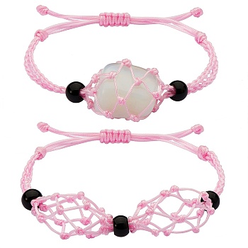 Adjustable Braided Nylon Cord Macrame Pouch Bracelet Making, with Glass Beads, Pink, Inner Diameter: 1-7/8~3-1/4 inch(4.7~8.4cm), 2 styles, 1pc/style, 2pcs/set