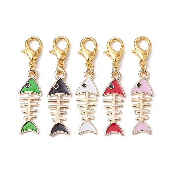 Alloy Enamel Fishbone Pendant Decorations, with Zinc Alloy Lobster Claw Clasps, Mixed Color, 32mm