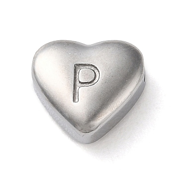 201 Stainless Steel Beads, Stainless Steel Color, Heart, Letter P, 7x8x3.5mm, Hole: 1.5mm