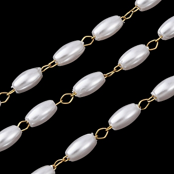 304 Stainless Steel & ABS Plastic Pearl Barrel Bead Cable Chains, Ion Plating(IP), Soldered, with Spool, Golden, 6x3.5mm