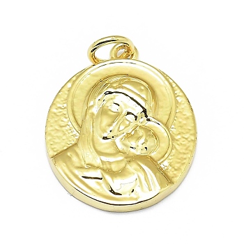 Brass Pendants, Long-Lasting Plated, with Jump Rings, Flat Round with Virgin Mary, Real 18K Gold Plated, 20.5x16x3mm, Hole: 3mm