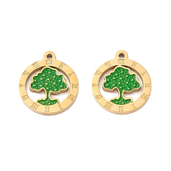 Vacuum Plating 304 Stainless Steel Enamel Pendants, Manual Polishing, Flat Round with Tree, Real 18K Gold Plated, 17x15x1mm, Hole: 1.2mm