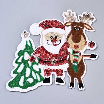 Father Christmas & Christmas Trees & Reindeer Appliques, Computerized Embroidery Cloth Iron on/Sew on Patches, Costume Accessories, for Christmas, Colorful, 133x140x1.5mm