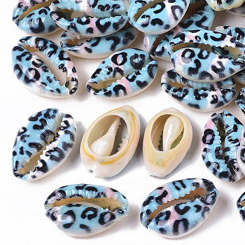 Printed Natural Cowrie Shell Beads, No Hole/Undrilled, with Leopard Print Pattern, Light Sky Blue, 18~21x12~15x7mm