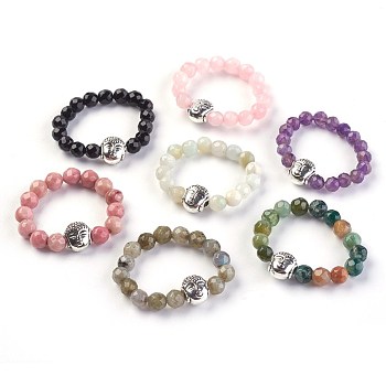 Natural Gemstone Stretch Rings, with Alloy Buddha Beads, Faceted, Round, Antique Silver, Size 8, 18mm