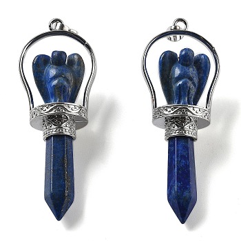 Natural Lapis Lazuli Pointed Big Pendants, Faceted Bullet & Angel Charms with Brass Findings, Rack Plating, Platinum, 71~77x27~28x19~20mm, Hole: 6.5x4.5mm