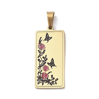 304 Stainless Steel Pendants, with Enamel, Rectangle with Flower Charm, Golden, Red, 26.5x12x1mm, Hole: 5.5x3mm